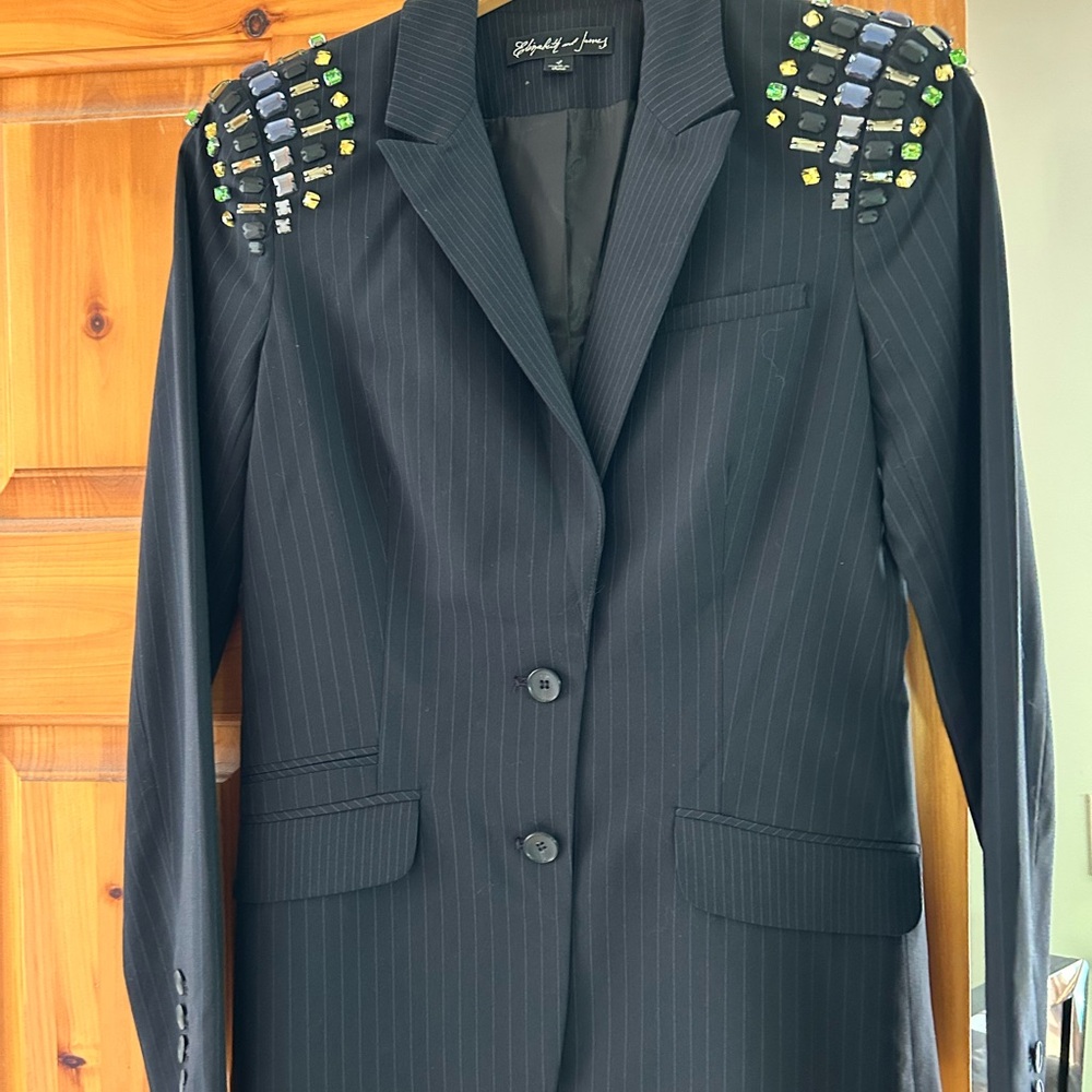 Elizabeth and James Black Pinstripe Blazer with Jewel Accents